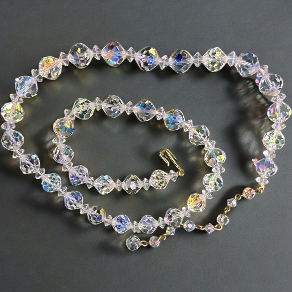 Vintage AB Genuine Crystal Necklace Aurora Borealis Mid Century Modern 20”